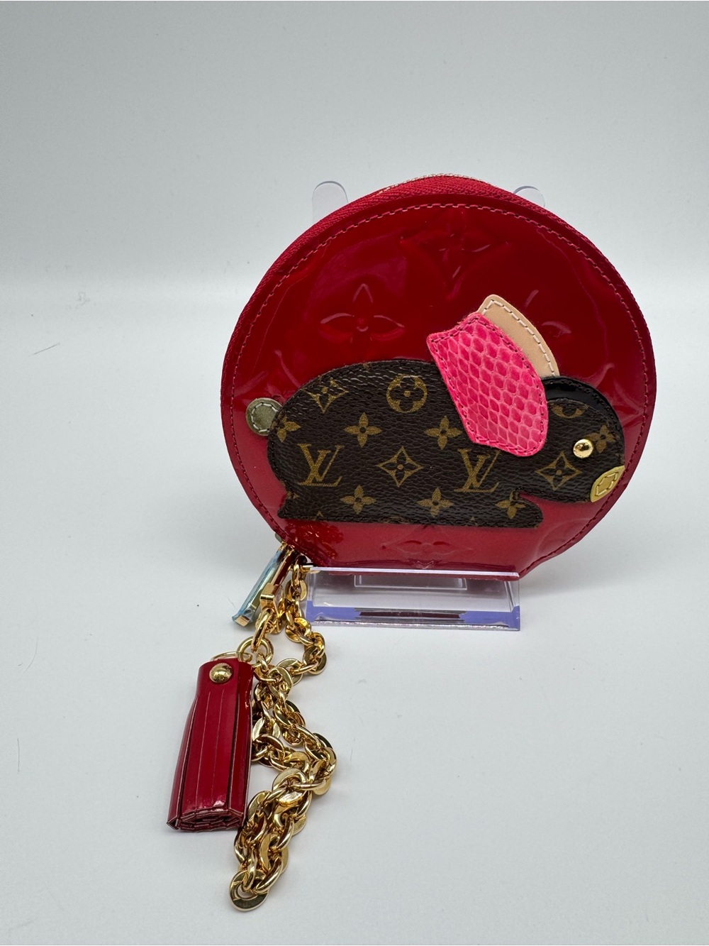 Louis Vuitton Red Coin Pouch with Monogram Hedgehog Appliqué and Gold Chain